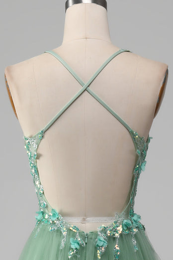 Robe de bal corset à bretelles spaghetti vert brillant A-ligne avec appliques