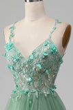 Robe de bal corset à bretelles spaghetti vert brillant A-ligne avec appliques