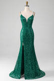 Robe de Soirée longue à paillettes perlées vert foncé scintillant avec fente