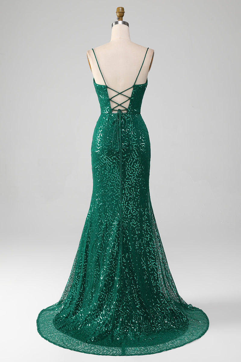 Charger l&#39;image dans la galerie, Robe de Soirée longue à paillettes perlées vert foncé scintillant avec fente