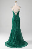 Robe de Soirée longue à paillettes perlées vert foncé scintillant avec fente