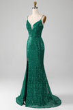 Robe de Soirée longue à paillettes perlées vert foncé scintillant avec fente