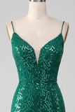 Robe de Soirée longue à paillettes perlées vert foncé scintillant avec fente