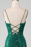 Robe de Soirée longue à paillettes perlées vert foncé scintillant avec fente