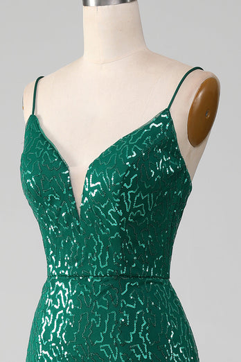 Robe de Soirée longue à paillettes perlées vert foncé scintillant avec fente