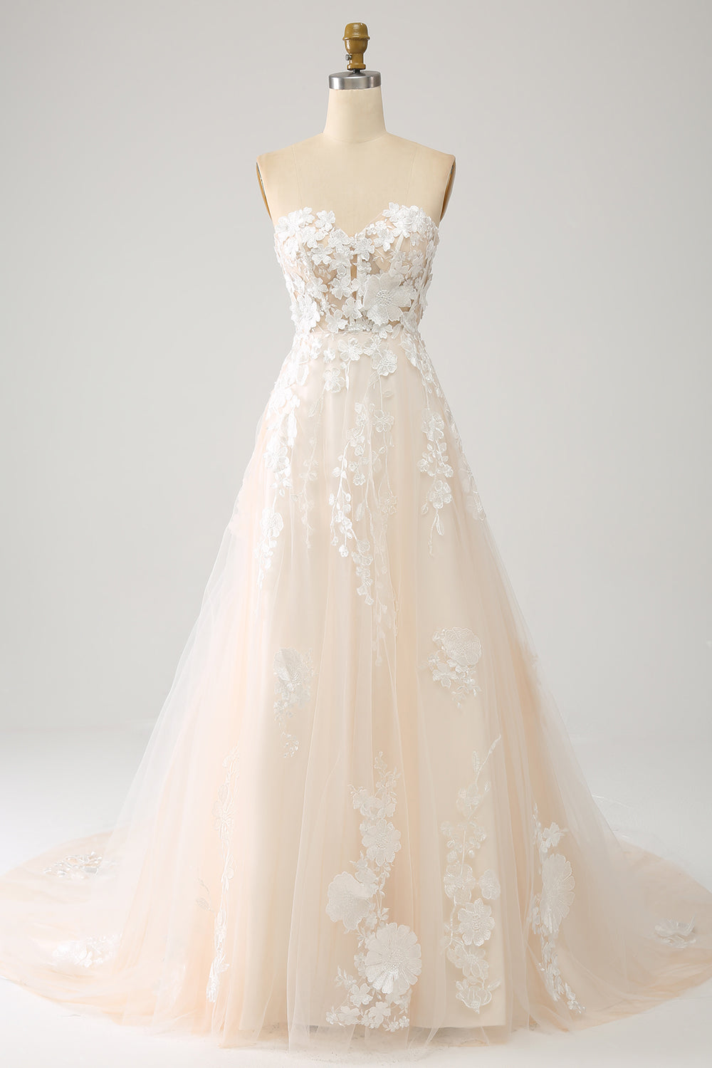 Robe de mariée trapèze longue en forme de corset avec appliques