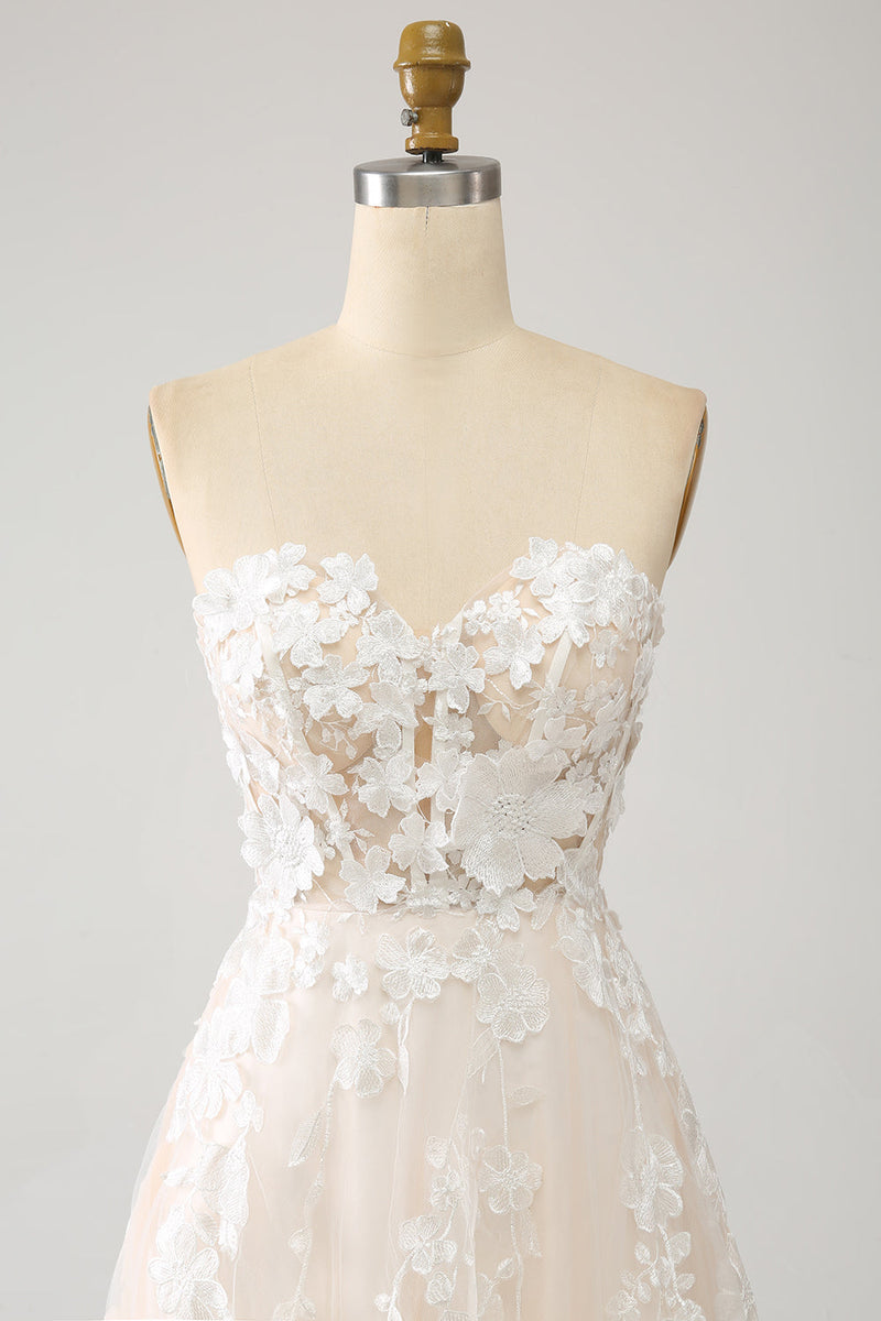 Charger l&#39;image dans la galerie, Robe de mariée trapèze longue en forme de corset avec appliques