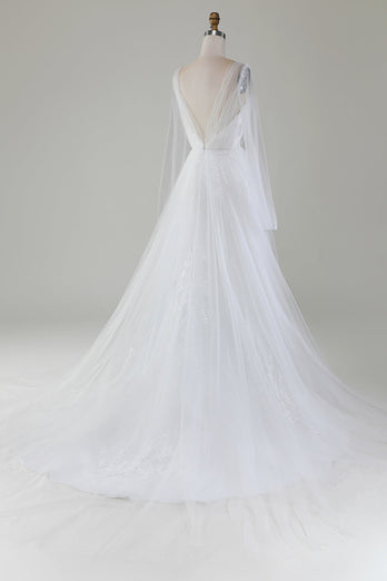 Robe de mariée en tulle plissée ivoire à col en V et manches longues