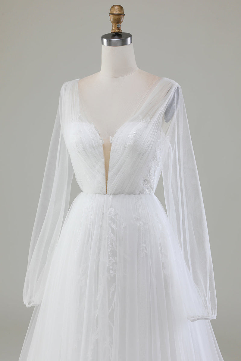 Charger l&#39;image dans la galerie, Robe de mariée en tulle plissée ivoire à col en V et manches longues