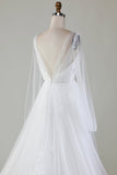 Robe de mariée en tulle plissée ivoire à col en V et manches longues