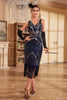Charger l&#39;image dans la galerie, Paillettes frangées bleues scintillantes des années 20 robe clapet avec perles