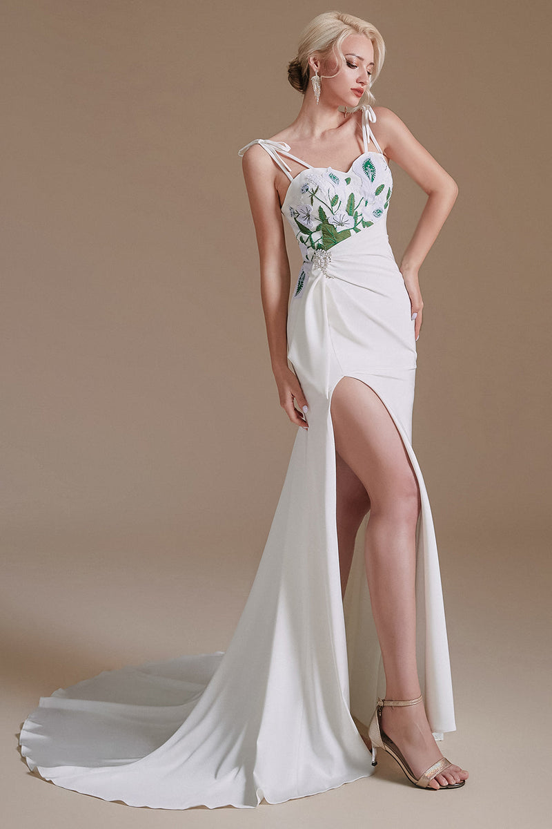 Charger l&#39;image dans la galerie, White Mermaid Backless Sweep Train Robe de mariée avec appliques