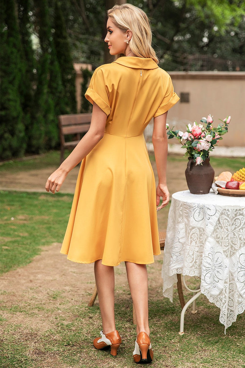Charger l&#39;image dans la galerie, Élégante robe vintage yellow v neck
