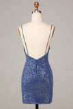 Sparkle 'til Dawn Fourreau Spaghetti Straps Bleu foncé Robe courte de cocktail avec broderie