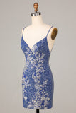 Sparkle 'til Dawn Fourreau Spaghetti Straps Bleu foncé Robe courte de cocktail avec broderie