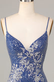 Sparkle 'til Dawn Fourreau Spaghetti Straps Bleu foncé Robe courte de cocktail avec broderie