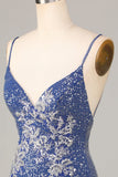 Sparkle 'til Dawn Fourreau Spaghetti Straps Bleu foncé Robe courte de cocktail avec broderie