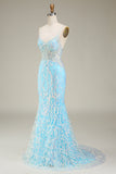 Robe de Soirée sirène scintillante à bretelles spaghetti bleues
