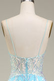 Robe de Soirée sirène scintillante à bretelles spaghetti bleues