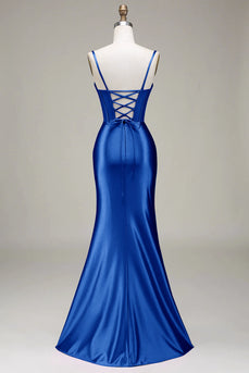 Robe de bal longue à bretelles spaghetti sirène bleu royal avec fente