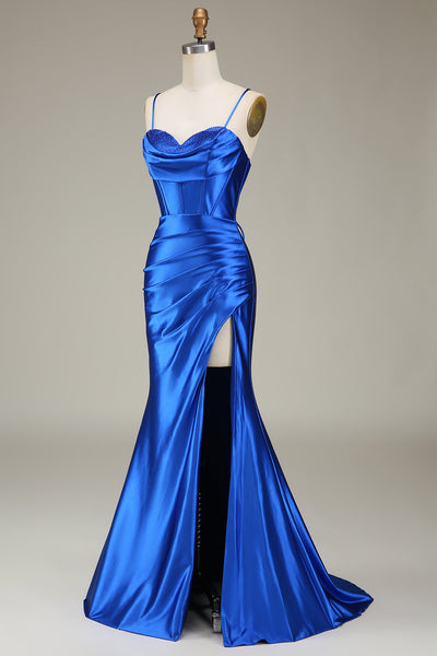 Bleu Royal Robes de demoiselle d'honneur longues satin  sirène dépareillées fente sexy main image 0