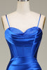 Charger l&#39;image dans la galerie, Robe de bal longue à bretelles spaghetti sirène bleu royal avec fente
