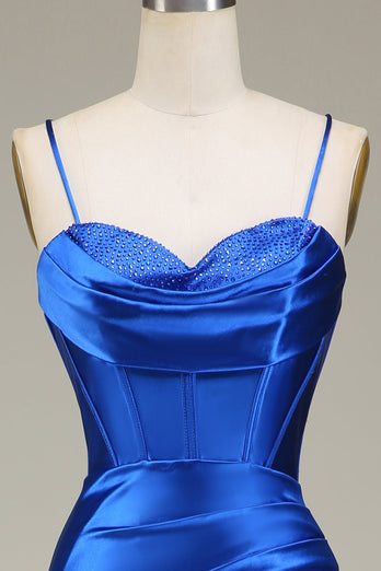 Robe de bal longue à bretelles spaghetti sirène bleu royal avec fente