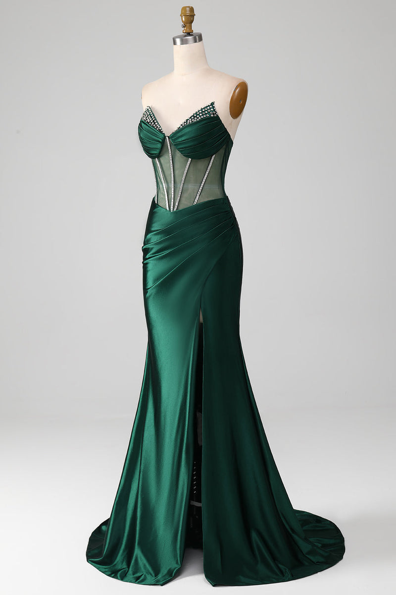 Charger l&#39;image dans la galerie, Col en V vert foncé bustier Corset sirène plissé robe de soirée