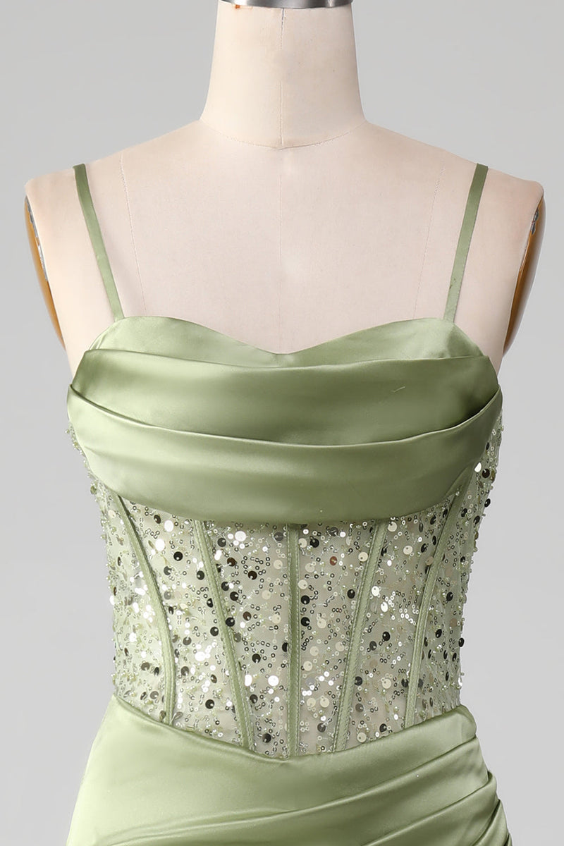 Charger l&#39;image dans la galerie, Robe de bal sirène à bretelles spaghetti et corset sauge avec fente sur le devant