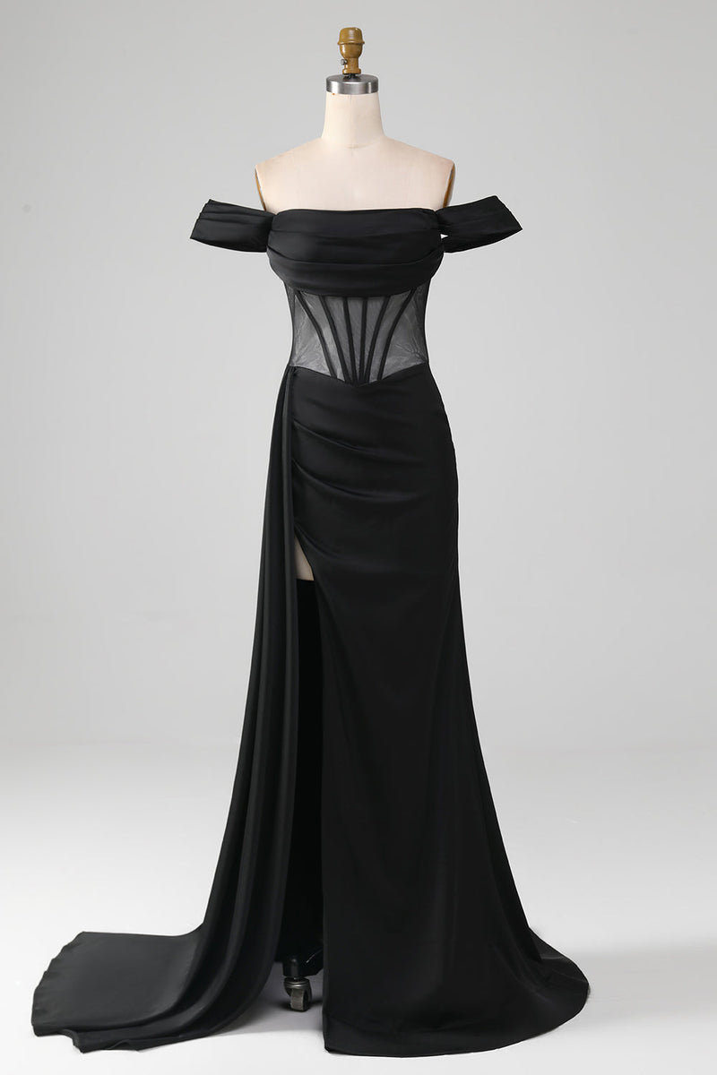 Charger l&#39;image dans la galerie, Noir hors de l’épaule Satin Corset sirène robe de soirée avec fente