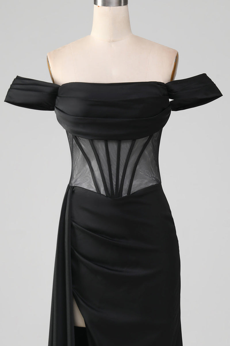 Charger l&#39;image dans la galerie, Noir hors de l’épaule Satin Corset sirène robe de soirée avec fente