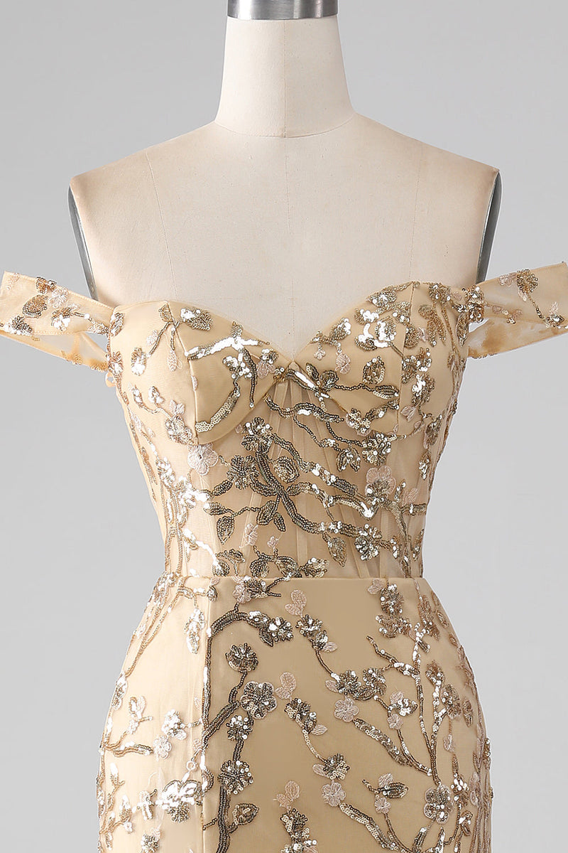 Charger l&#39;image dans la galerie, Sirène hors de l’épaule dorée longue perlée robe de bal avec fente