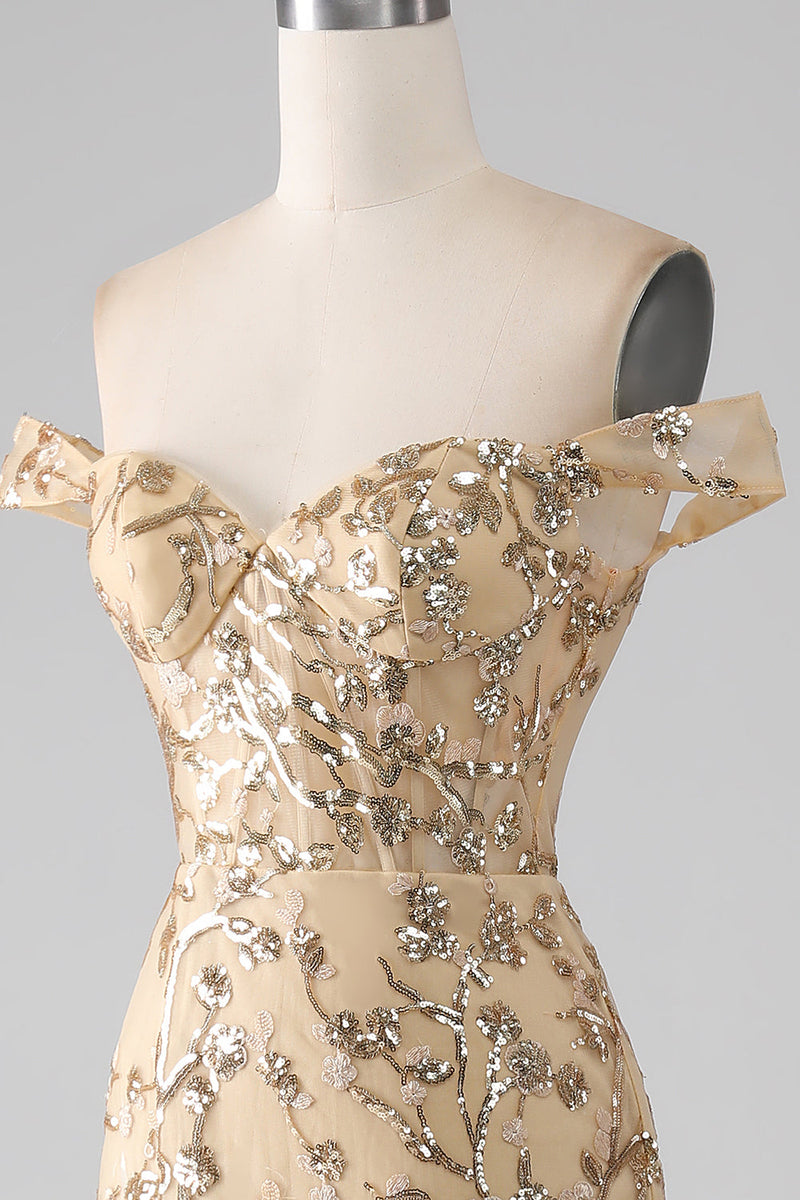 Charger l&#39;image dans la galerie, Sirène hors de l’épaule dorée longue perlée robe de bal avec fente