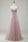 Robe De Soirée longue en tulle longue en tulle Sparkly Blush avec dentelle