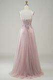 Robe De Soirée longue en tulle longue en tulle Sparkly Blush avec dentelle