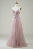 Robe De Soirée longue en tulle longue en tulle Sparkly Blush avec dentelle