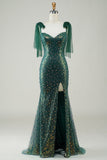 Robe longue paillette de sirène vert foncé scintillante avec fente