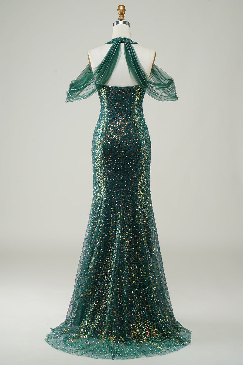 Charger l&#39;image dans la galerie, Robe longue longue de sirène Soirée vert foncé scintillante