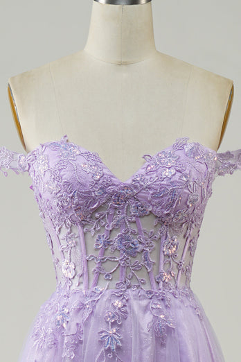Corset violet A-Line Robe de Soirée longue en tulle avec dentelle