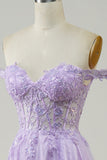 Corset violet A-Line Robe de Soirée longue en tulle avec dentelle