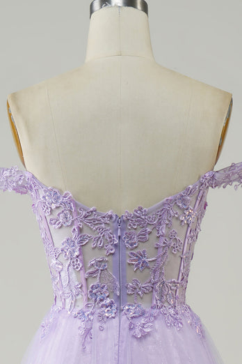 Corset violet A-Line Robe de Soirée longue en tulle avec dentelle