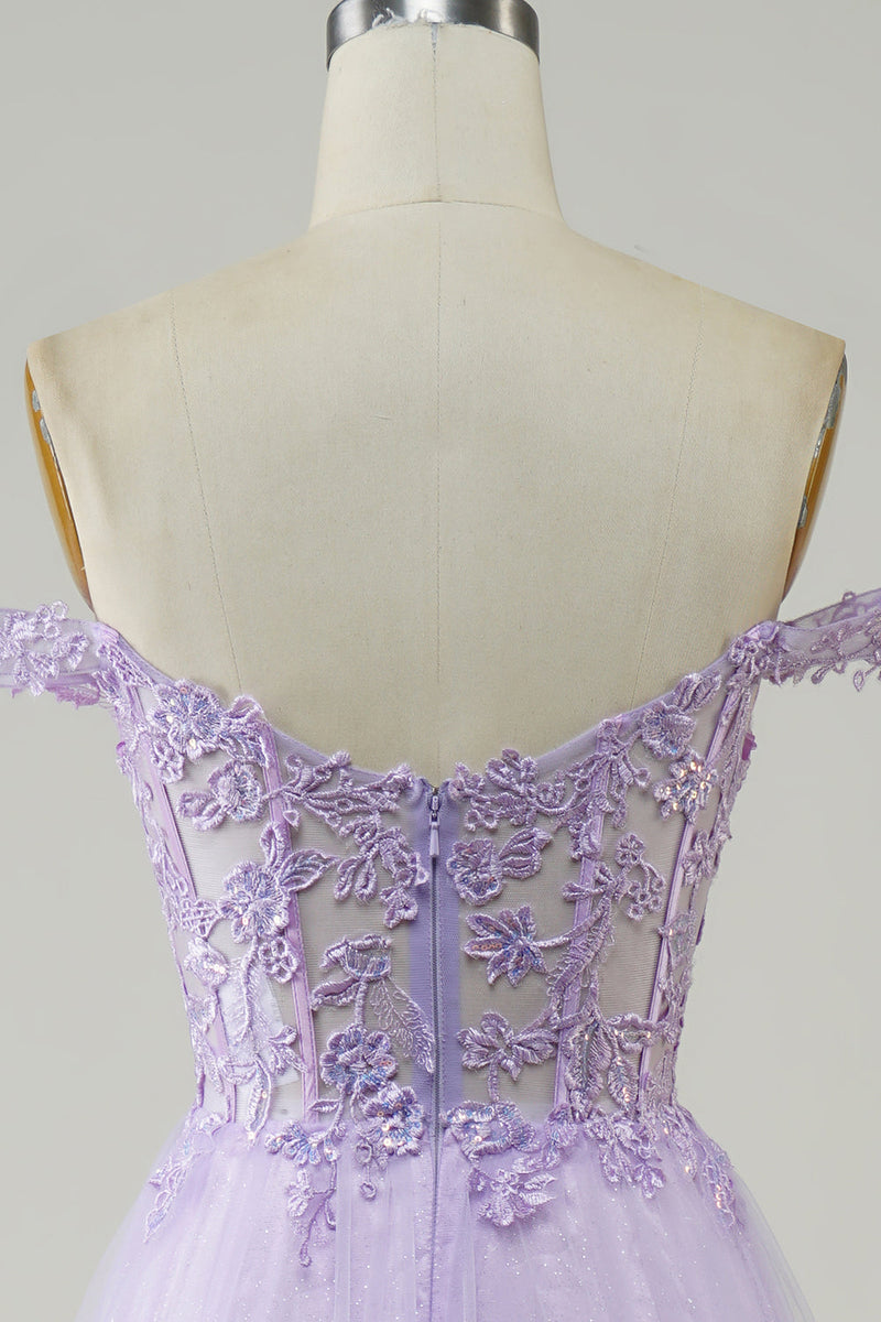 Charger l&#39;image dans la galerie, Corset violet A-Line Robe de Soirée longue en tulle avec dentelle