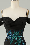 Épaule Froide Paillettes Noires Corset Robe de Soirée longue