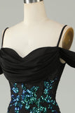 Épaule Froide Paillettes Noires Corset Robe de Soirée longue