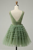 Robe de soirée courte à col V en tulle vert avec dos ouvert