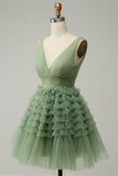 Robe de soirée courte à col V en tulle vert avec dos ouvert