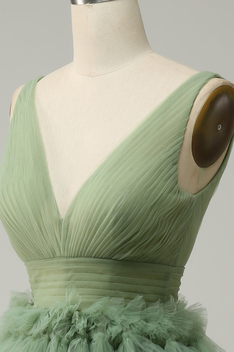 Charger l&#39;image dans la galerie, Robe de soirée courte à col V en tulle vert avec dos ouvert