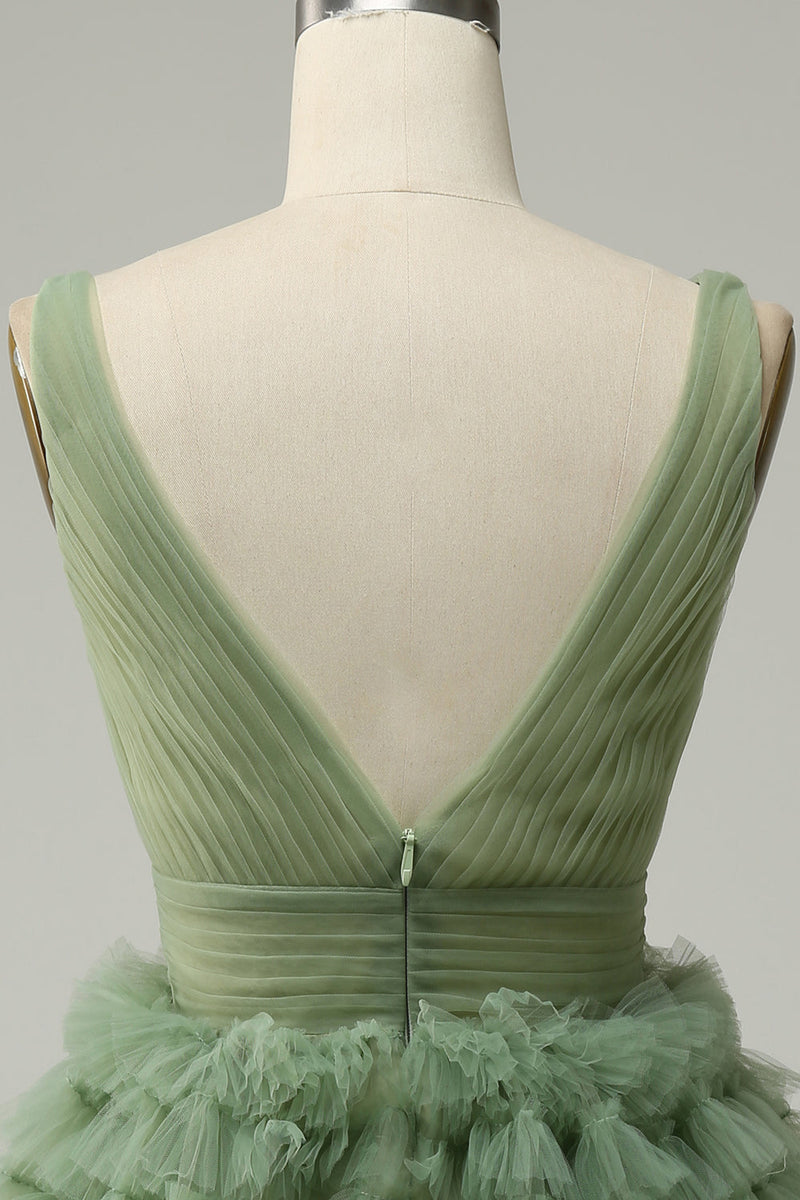 Charger l&#39;image dans la galerie, Robe de soirée courte à col V en tulle vert avec dos ouvert