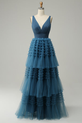 Une ligne V-col bleu robe de soirée longue avec dos ouvert