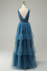 Charger l&#39;image dans la galerie, Une ligne V-col bleu robe de soirée longue avec dos ouvert